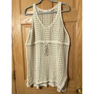 AIMAGE Women's Crochet Swim Cover Up Dress Beige Drawstring Waist XL